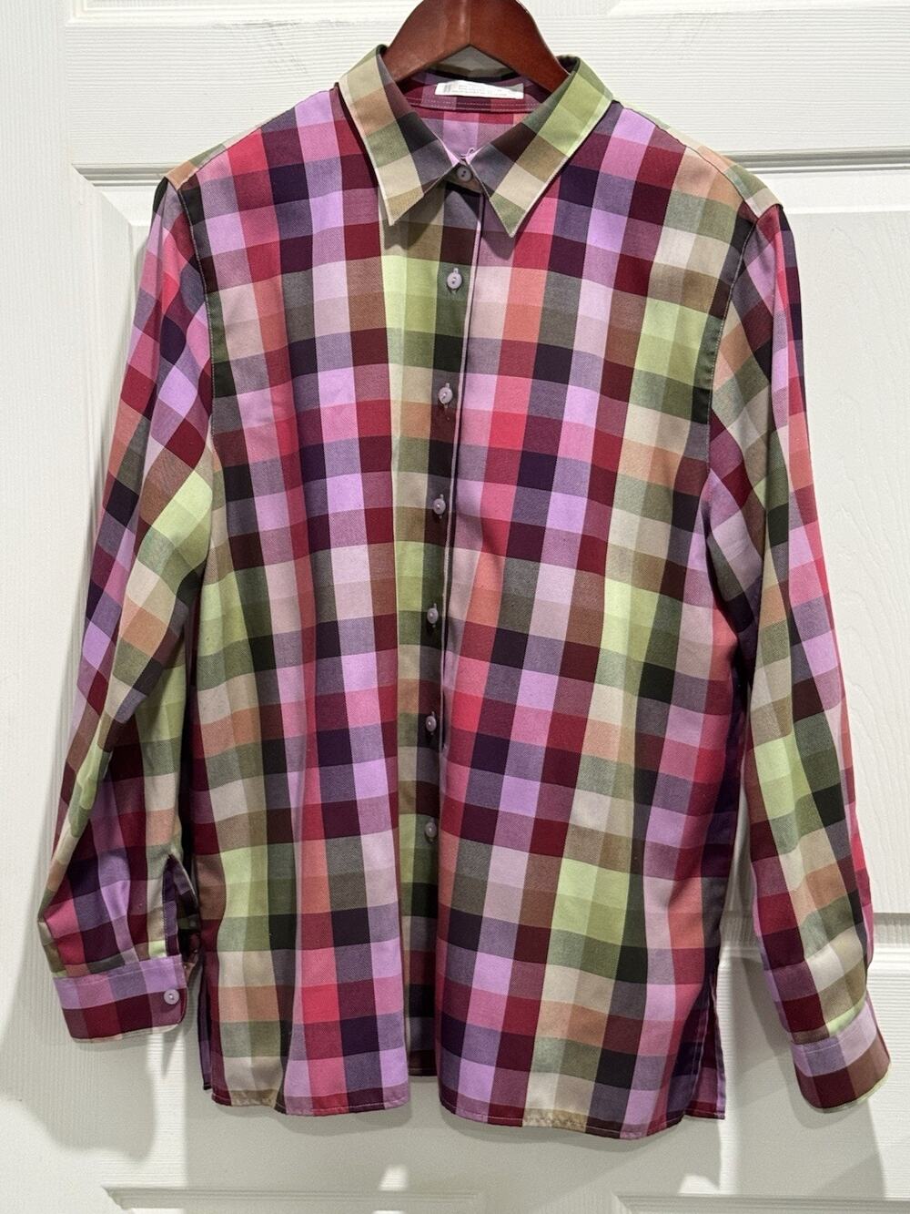 Foxcroft Womens Plaid Collared Buttoned Shirt Cotton Long Sleeve Size 16
